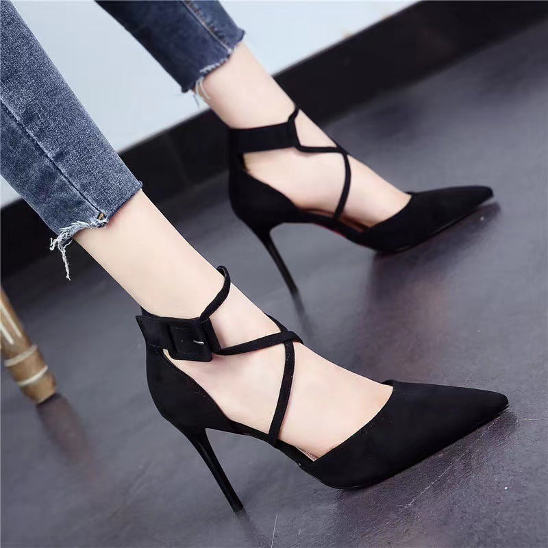 Pointed High Heel Shoes Elegant Cross Lace-up Shoes Suede