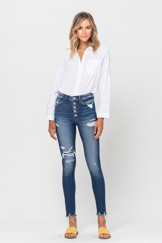 HIGH RISE PATCHED BUTTON UP RAW HEM ANKLE SKINNY