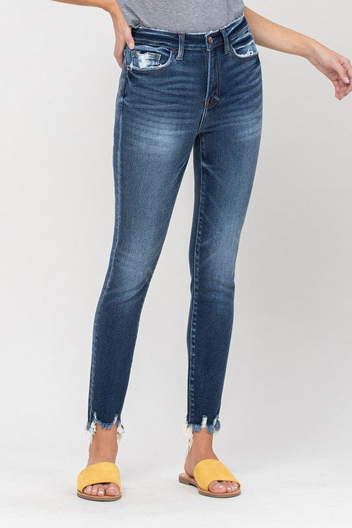 HIGH RISE DISTRESSED FRAY HEM ANKLE SKINNY JEANS