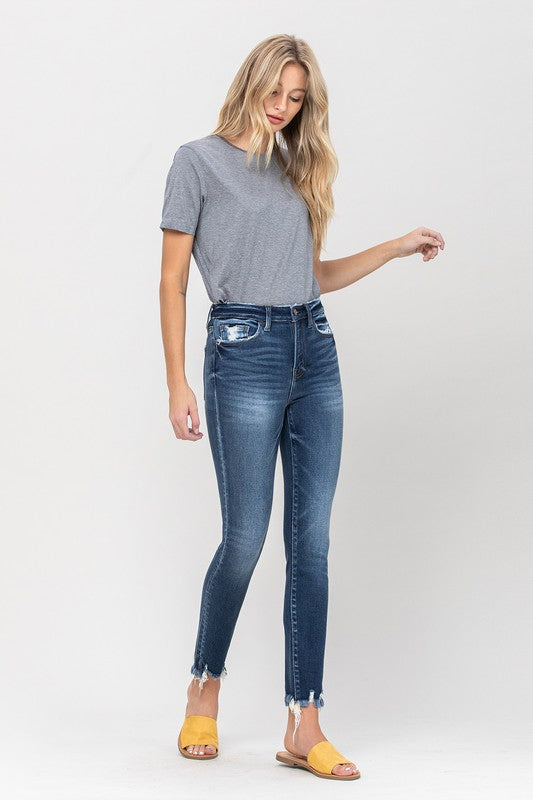 HIGH RISE DISTRESSED FRAY HEM ANKLE SKINNY JEANS