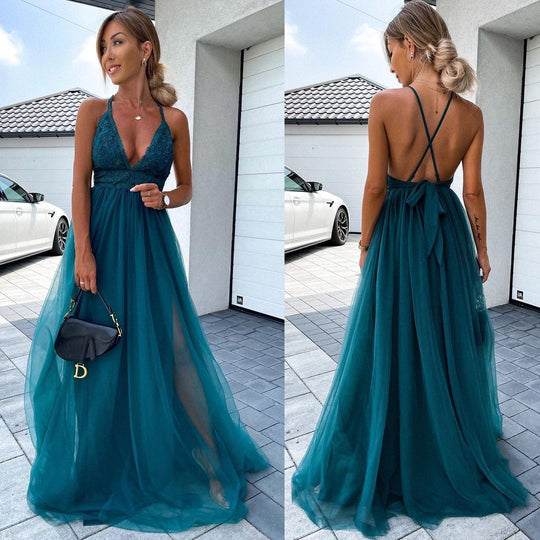 Mesh Deep V Dress Long Dress