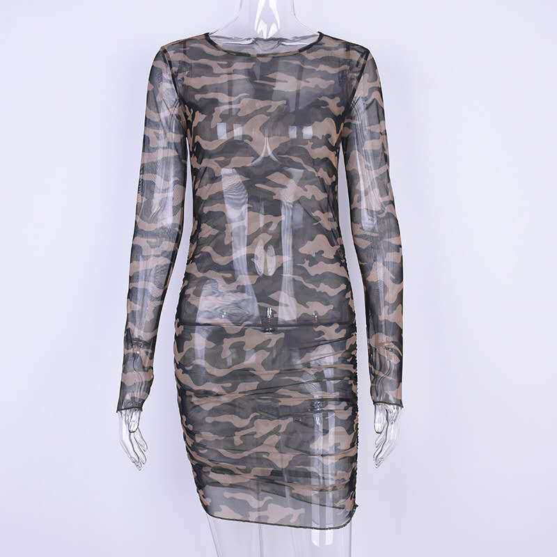 Mesh Camouflage Tight See-Through Mini Dress