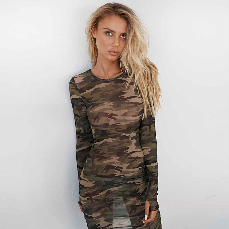 Mesh Camouflage Tight See-Through Mini Dress