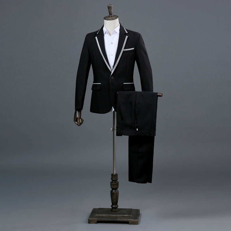 Men's Trim Suit Host Performance Costume Long-sleeve Suit Stage Singer Suit Black Platinum Silver Photography Gown