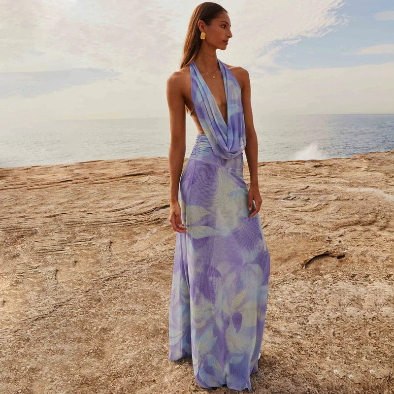 Elegant Tie Dye Backless Long Line Cocktail Dress