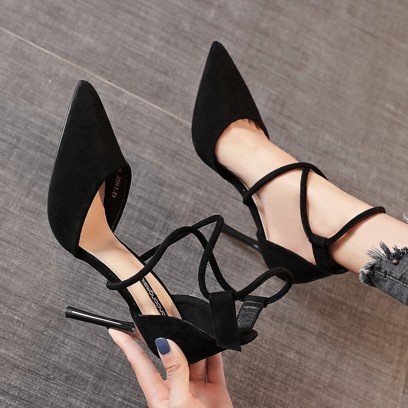 Pointed High Heel Shoes Elegant Cross Lace-up Shoes Suede