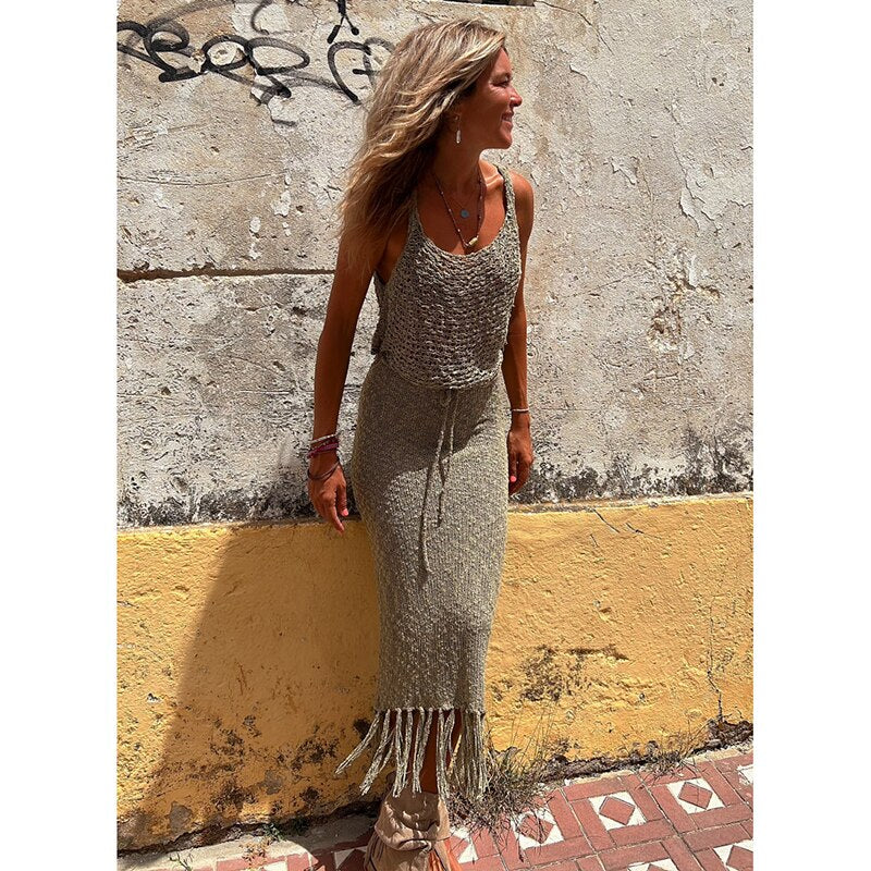 Summer Camisole Blouse Tassel Long Skirt Two-piece