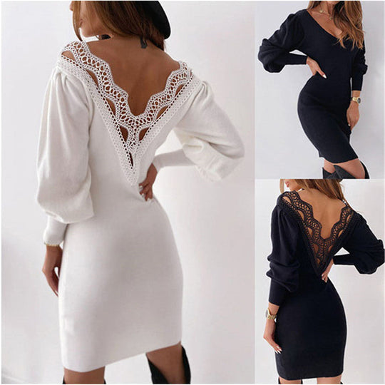 Sexy Lace Hollow Out Backless V-neck Dress