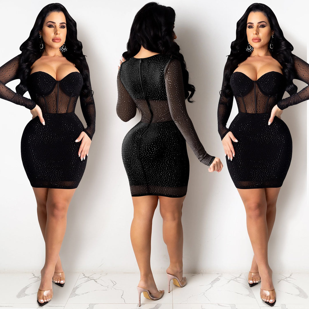 Women's Sexy Studded Hollow Out High Neck Bodycon Mini Club Dress
