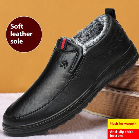 Men's Fleece-lined Thick Waterproof Leather Cotton Shoes