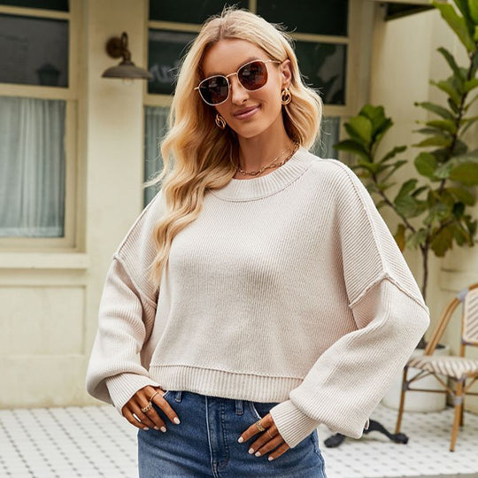 Loose Cropped Pullover Fashion Long Sleeve Round Neck Sweater