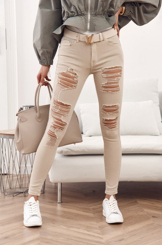 Fitted denim pants with holes beige 015