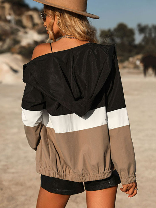 Women's Color Block Zip Up Hooded Jacket