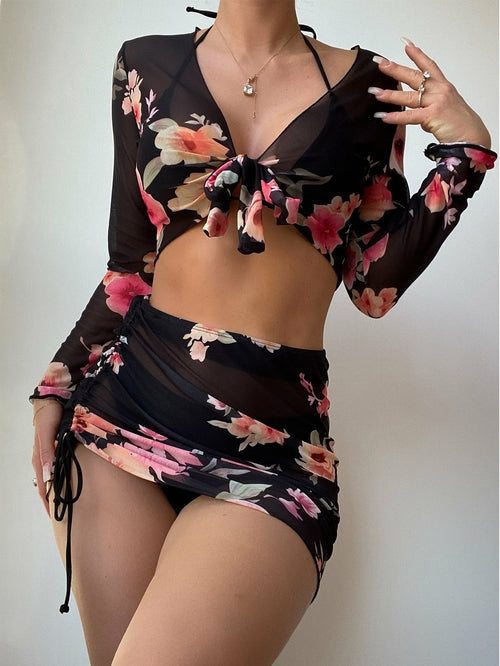 4 Pieces Long Sleeve Skirt Swimsuit