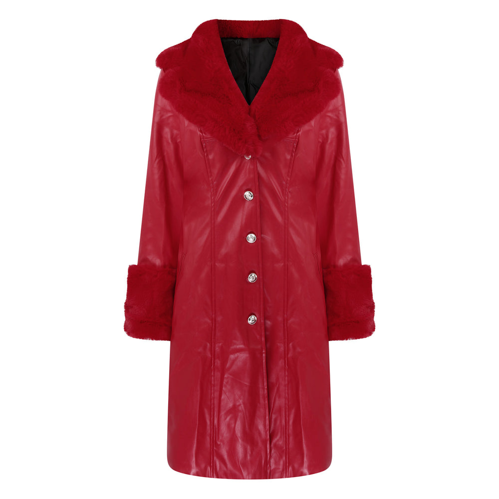Lapel Long Coat Fur Collar Temperament Zipper Women PU Jacket