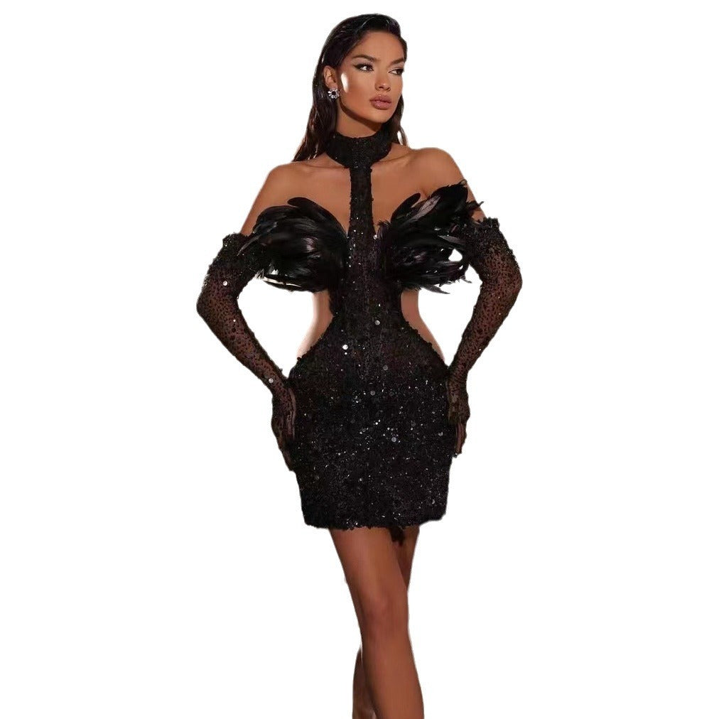 Dress Halter Feather Sequins Short Hip Skirt With Gloves Dress