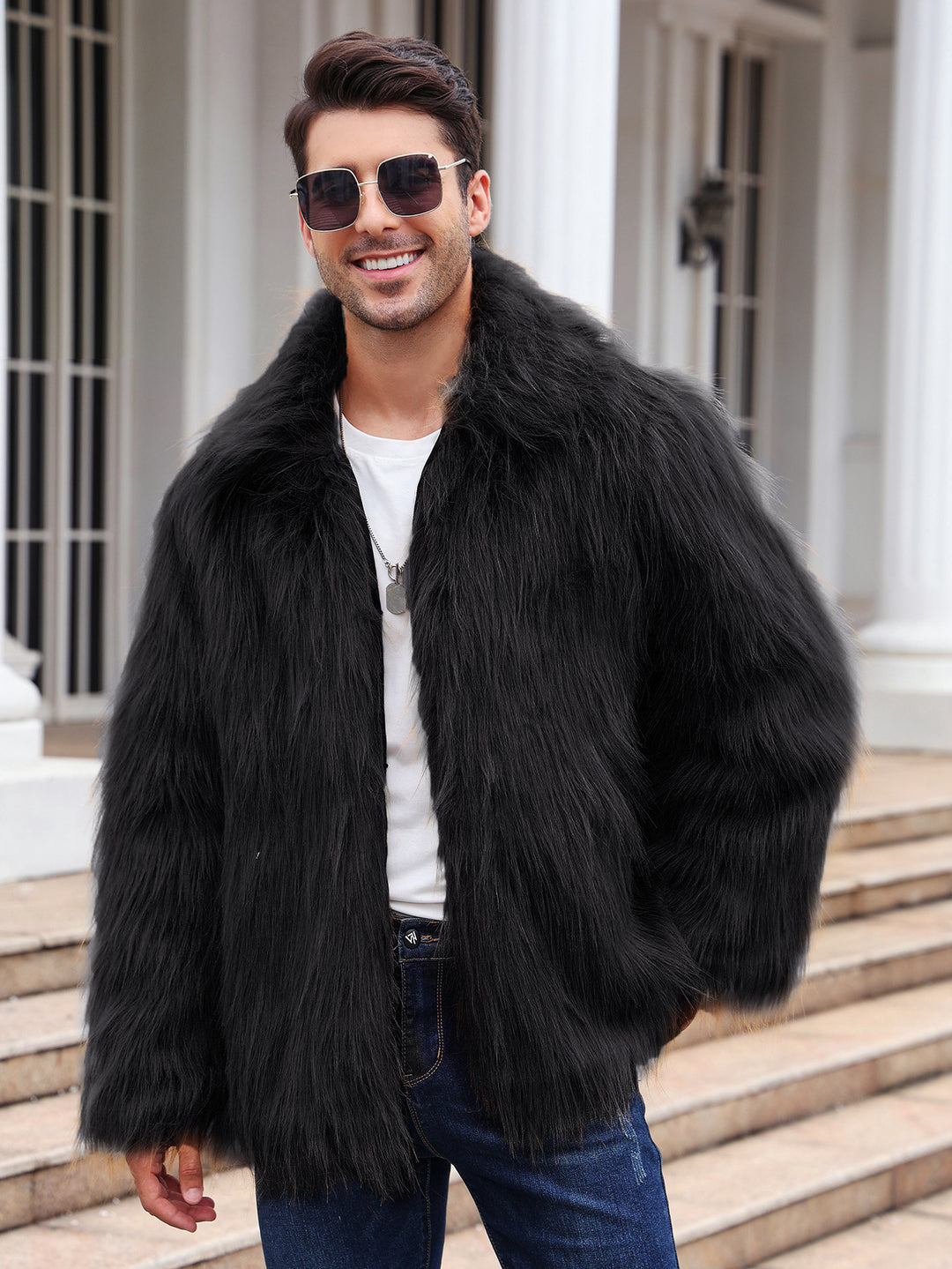 European And American Men's Lapel Short Faux Fur Jacket Warm Coat Overcoat