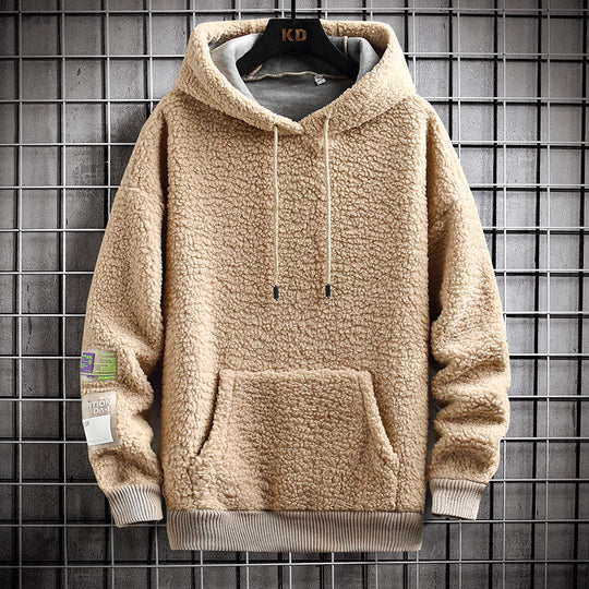 Men's Hooded Drawstring Pocket Lamb Wool Sweatshirt Velvet Padded Thickened Coat