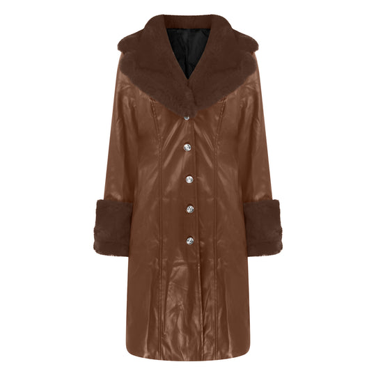 Lapel Long Coat Fur Collar Temperament Zipper Women PU Jacket