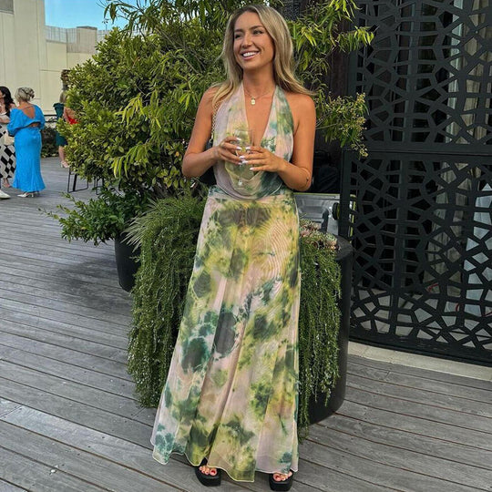 Elegant Tie Dye Backless Long Line Cocktail Dress