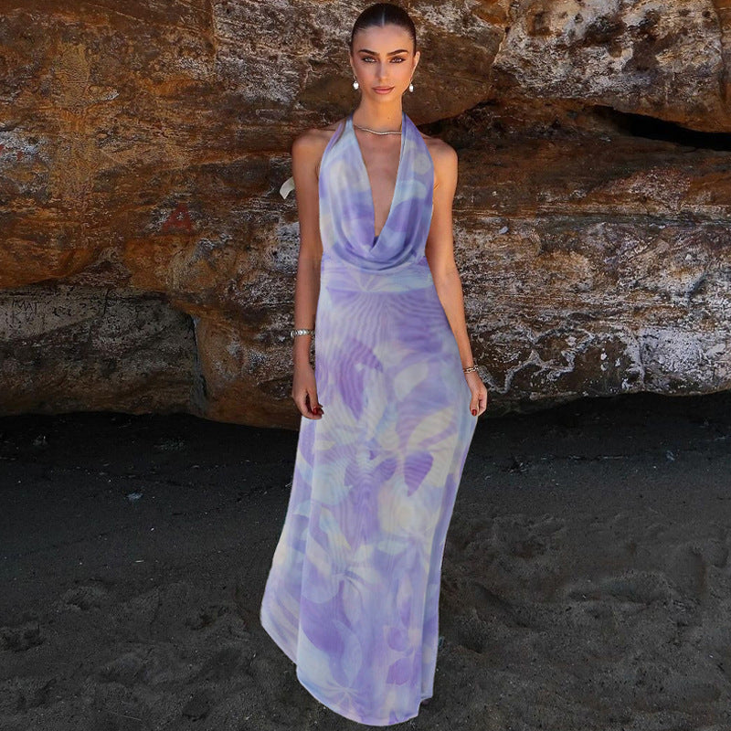 Elegant Tie Dye Backless Long Line Cocktail Dress