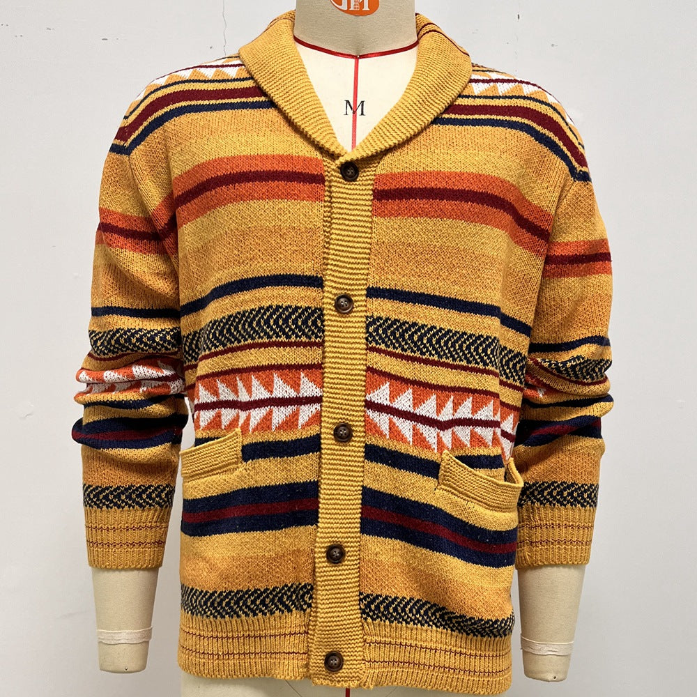 Contrasting Color Jacquard Knitted Cardigan Coat For Men