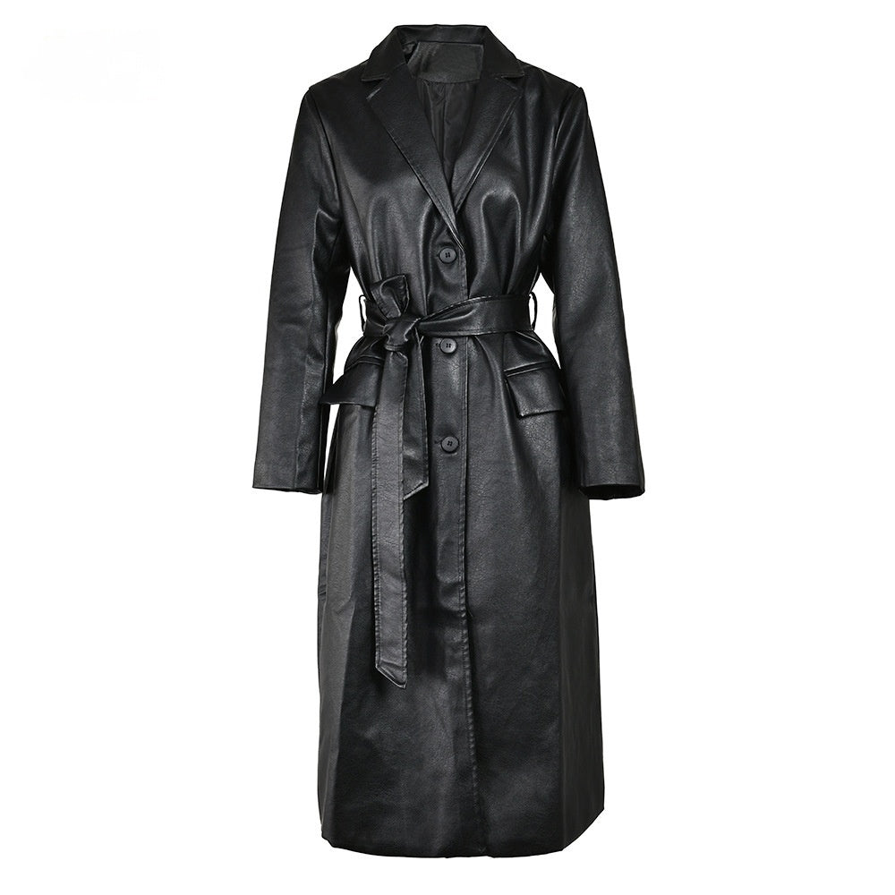 Women's Waist-tight Show Thin Black PU Leather Temperament Coat