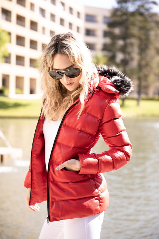 Women's Striking Puffer Arctic Red Down Leather Jacket with Fur