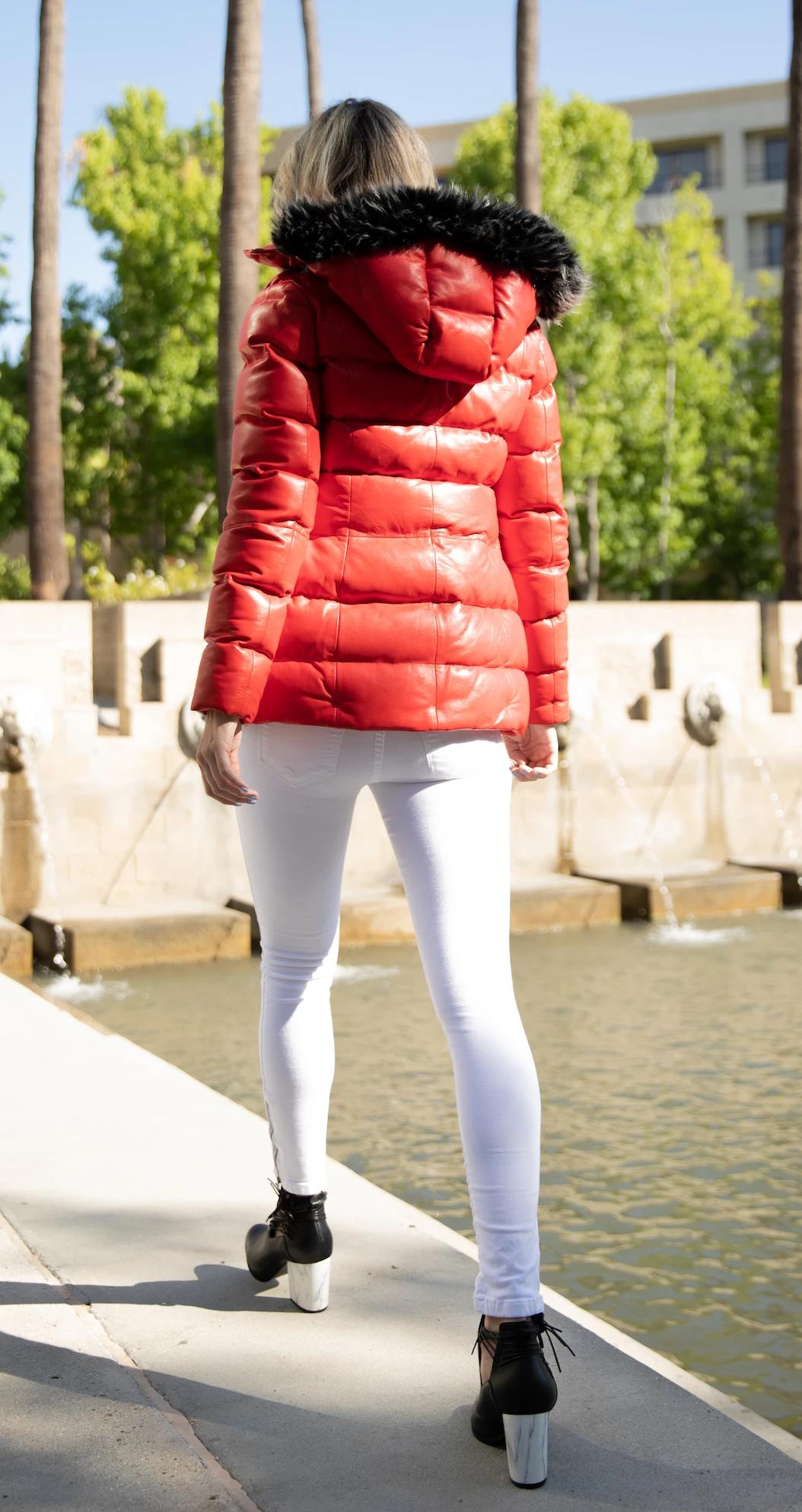 Women's Striking Puffer Arctic Red Down Leather Jacket with Fur