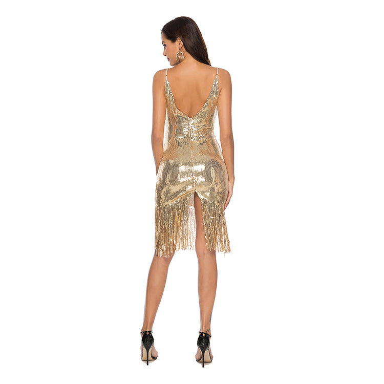 Deep V-Neck Sequined Fringed Backless Slip Dress