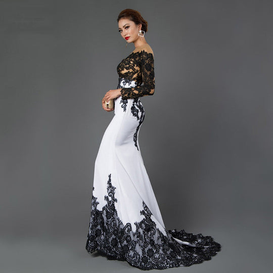 Women's Black & White Lace Embroidered Cocktail Dress