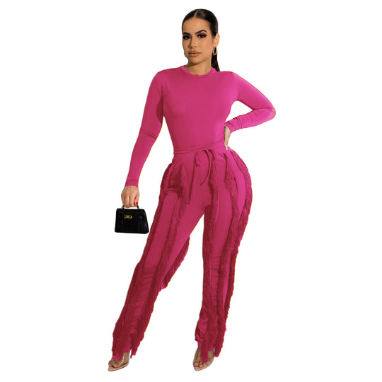Women's Tassel Lace Jumpsuit Solid Color Sports Two-piece Suit