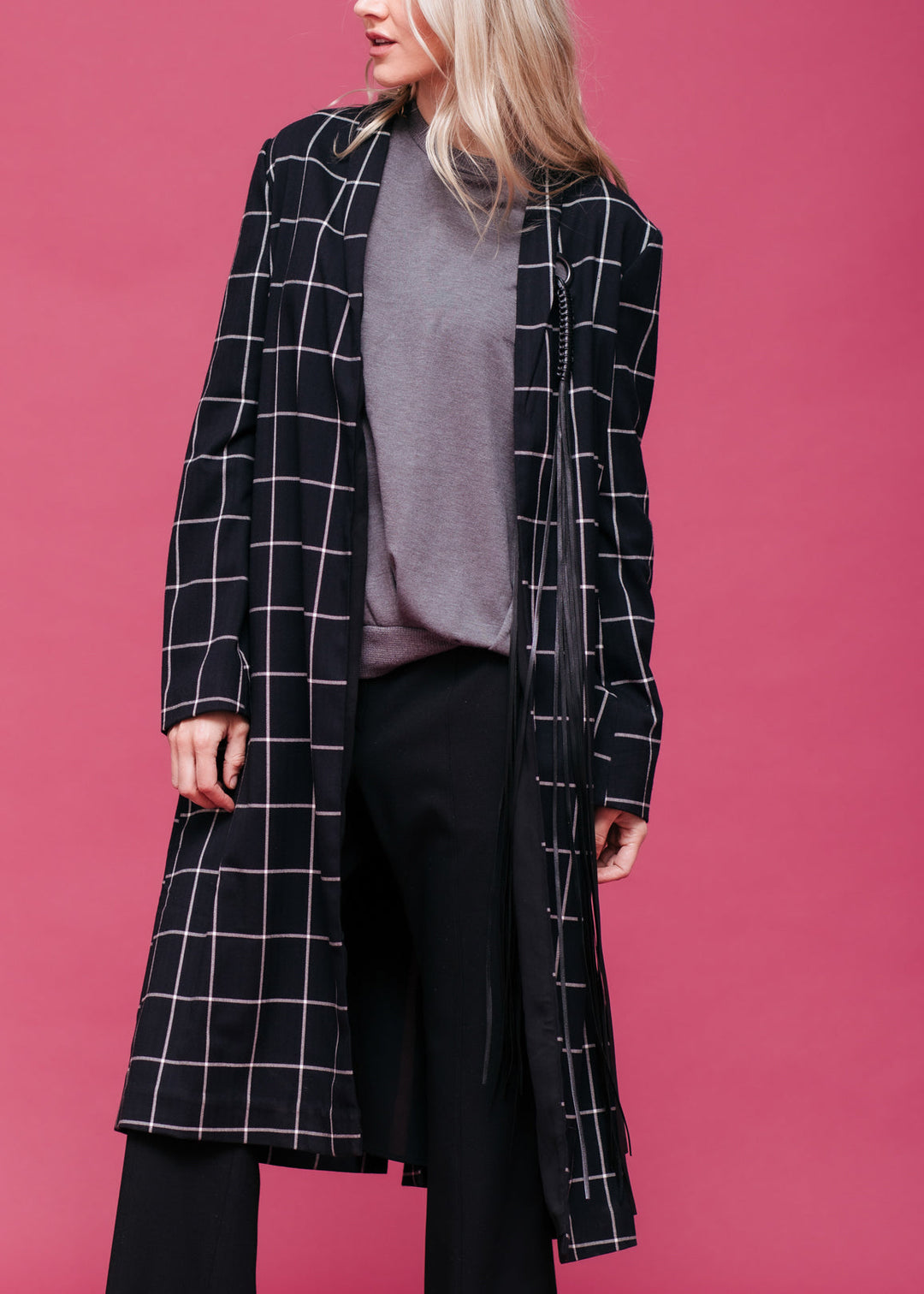 Women's Minimalist Grid Longline Coat In Black