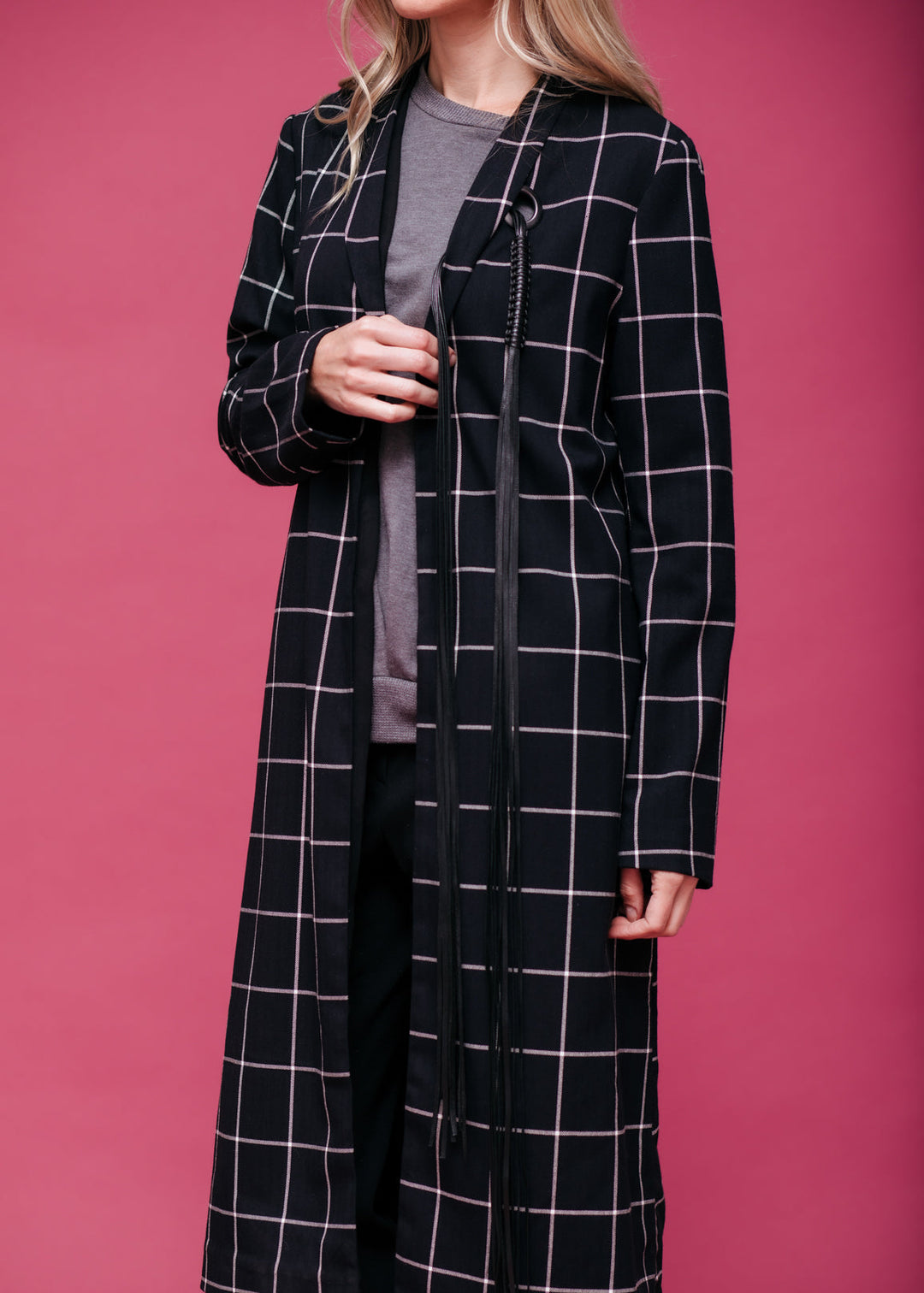 Women's Minimalist Grid Longline Coat In Black