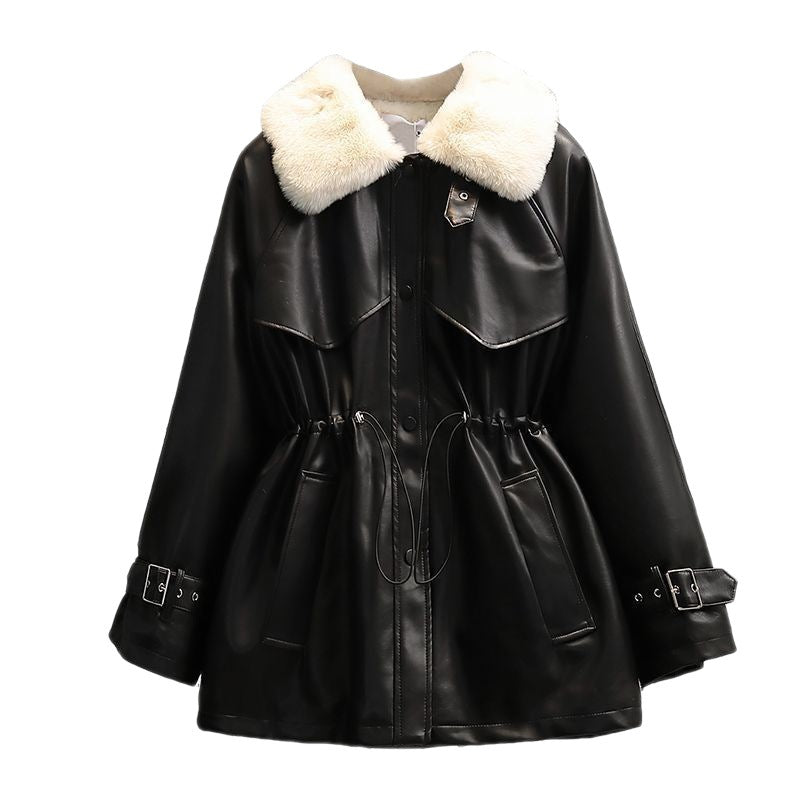 Plus Size Women's Winter Fashion Temperament Waist-controlled Fleece-lined Leather Coat