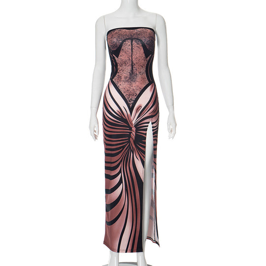 Women's Tube Top Printed Slim Fit Long Dress