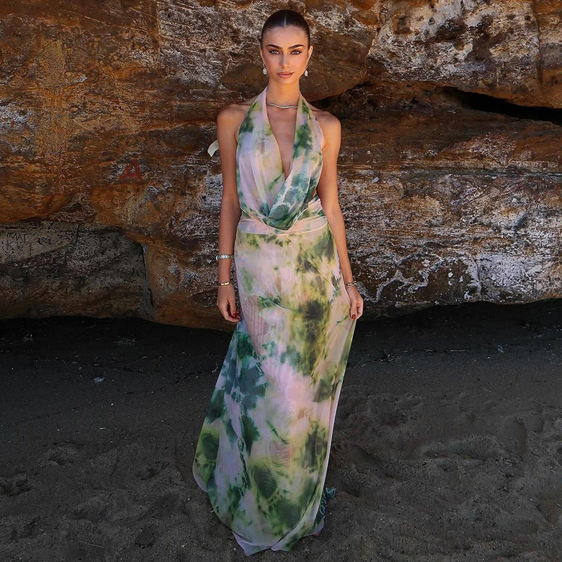 Elegant Tie Dye Backless Long Line Cocktail Dress