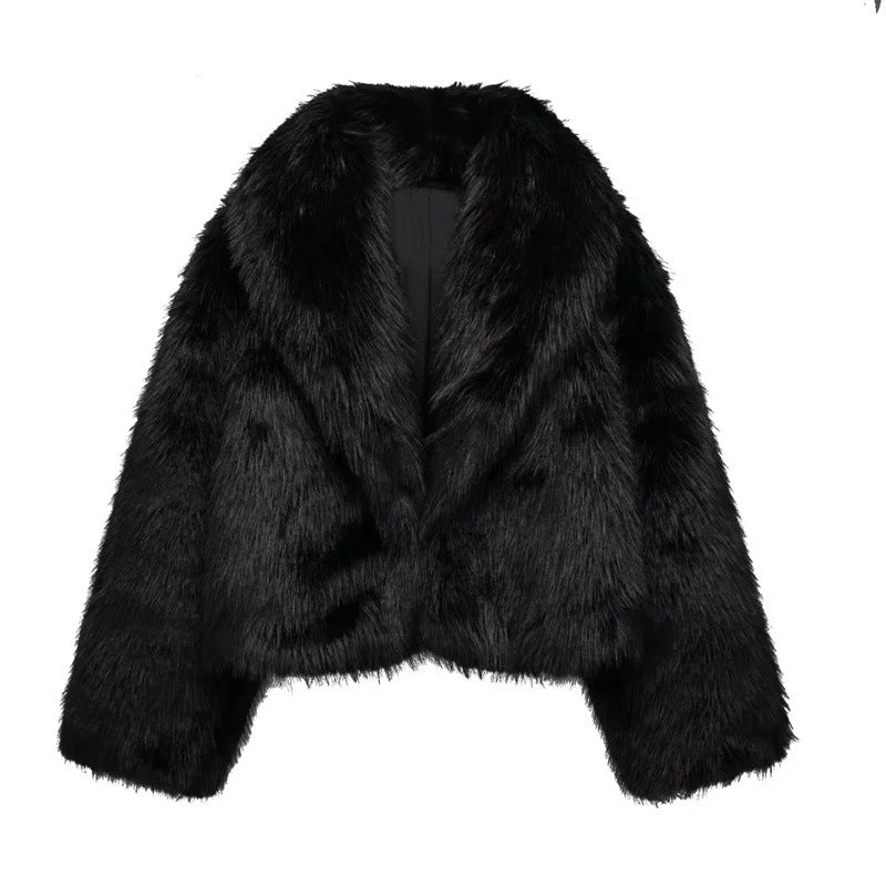 Artificial Fur Effect Polo Collar Jacket Loose Slimming Casual Jacket