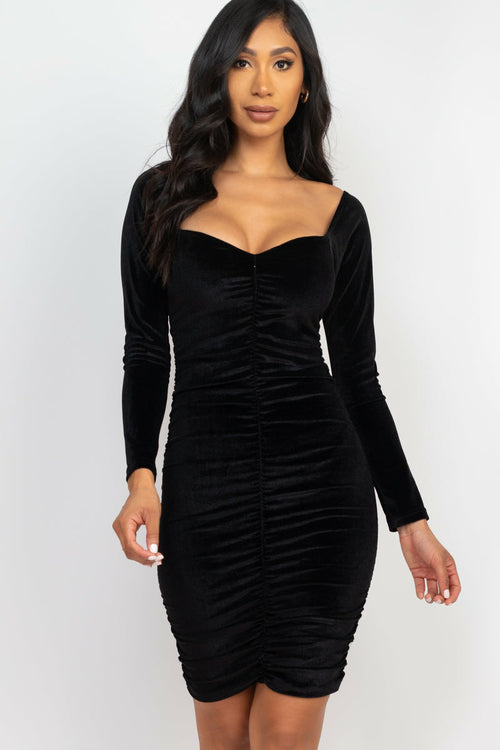 Ruched Sweetheart Neck Velour Bodycon Dress