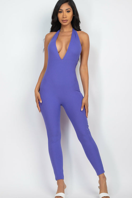 Halter V Neck Ribbed Bodycon catsuits Jumpsuit