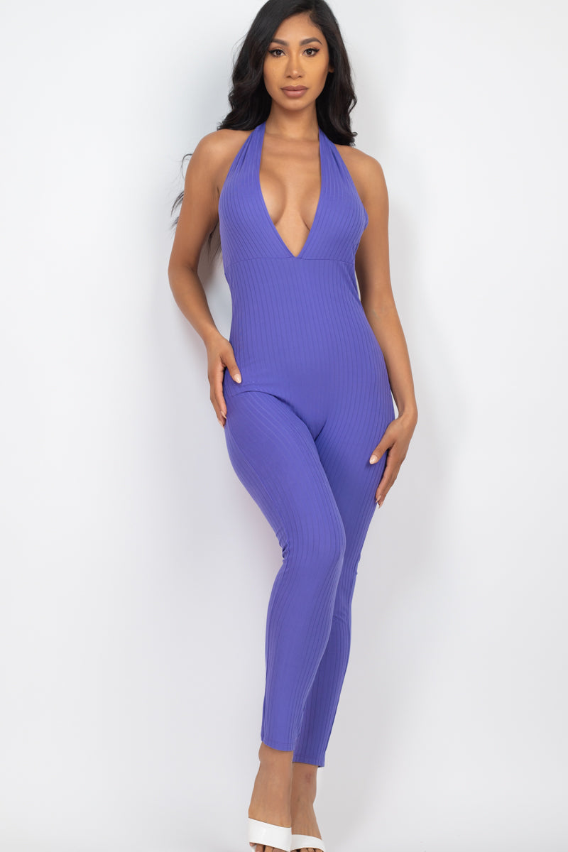 Halter V Neck Ribbed Bodycon catsuits Jumpsuit