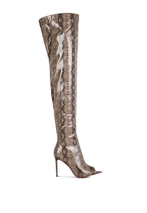 high drama snake print stiletto long boots