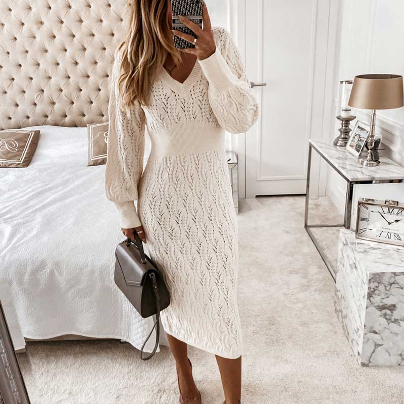 Long Sleeve V-neck Hollow Out Bodycon Dress