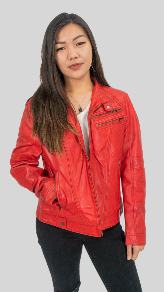 Ladies Elektra Washed Leather Jacket Red