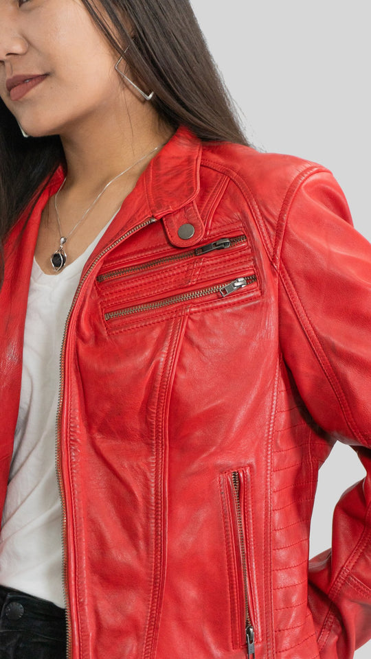 Ladies Elektra Washed Leather Jacket Red