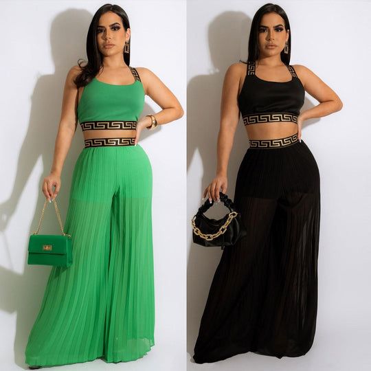 Pullover Spliced Vest Crop Top Wide Leg Pants Outfits