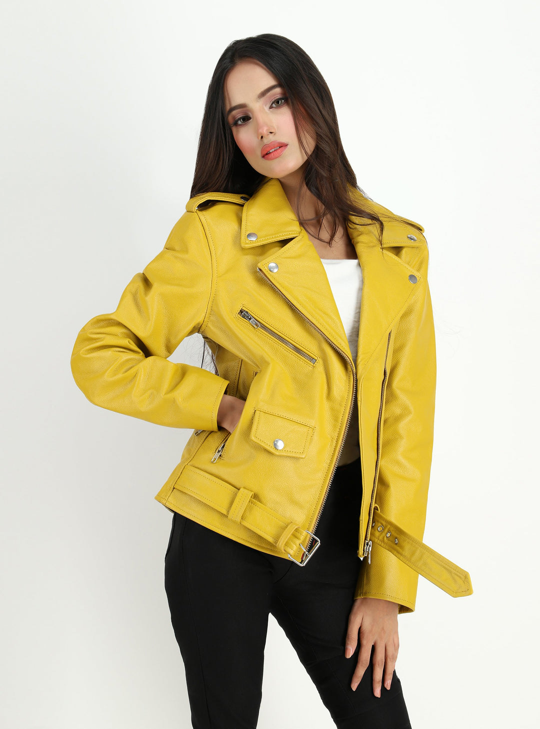 Women's  Moto Style Cowhide Yellow Leather Jacket