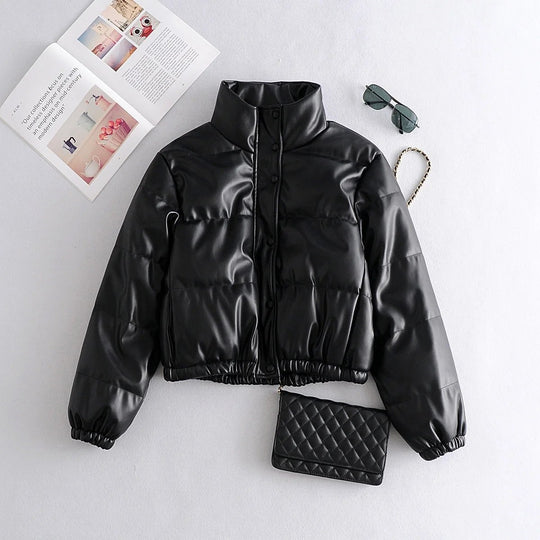 Women's PU Leather Fashion Puffer Coat