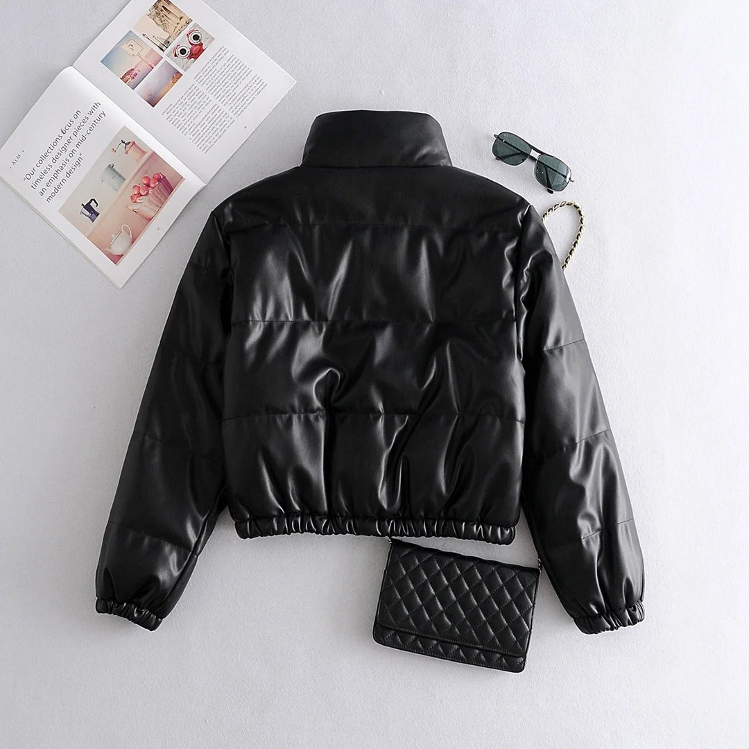 Women's PU Leather Fashion Puffer Coat