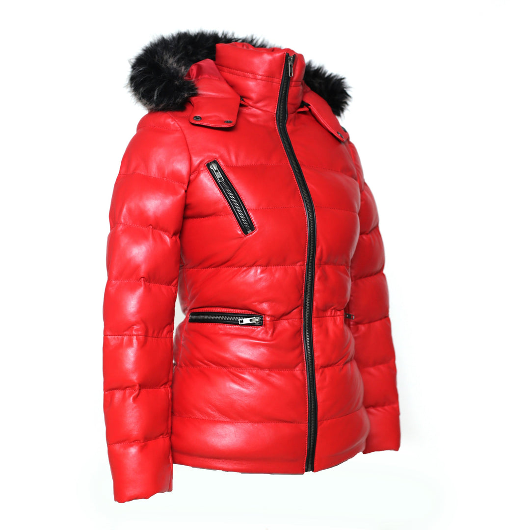 Women's Striking Puffer Arctic Red Down Leather Jacket with Fur